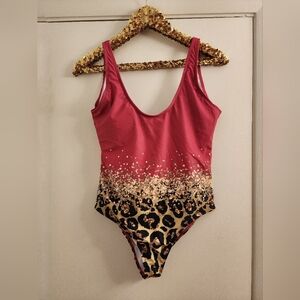 Pink & Leopard Print One-Piece Swimsuit with Glitter Accent – Size L
